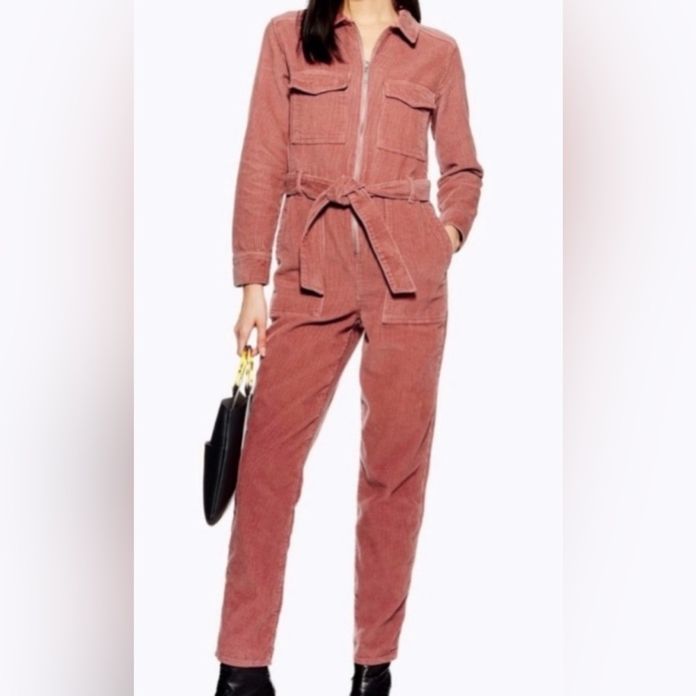 Topshop Women’s Size 6 Pink  Barbiecore Corduroy Long Sleeve  Belted Jumpsuit